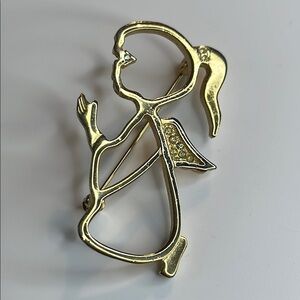 Praying Kneeling Angel with Pony Tail Gold Tone Brooch Rhinestones Signed CCi